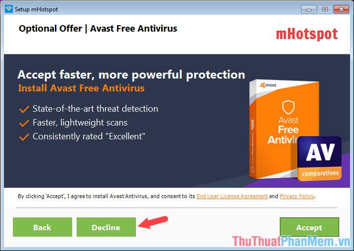 Bấm Decline để bỏ qua cài đặt phần mềm Avira Free Antivirus