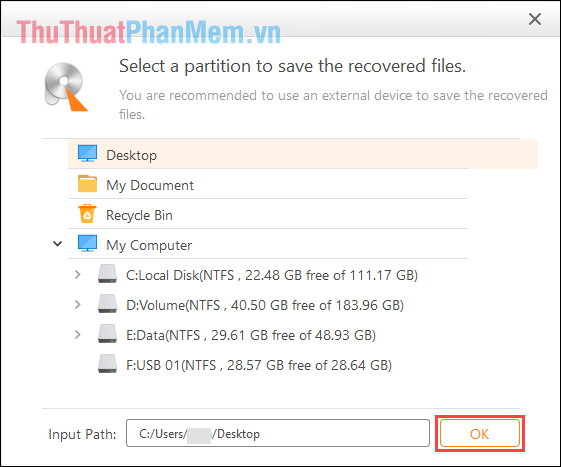Bạn chỉ cần chọn thư mục lưu trữ những file tài liệu sau khi khôi phục bằng AnyRecover