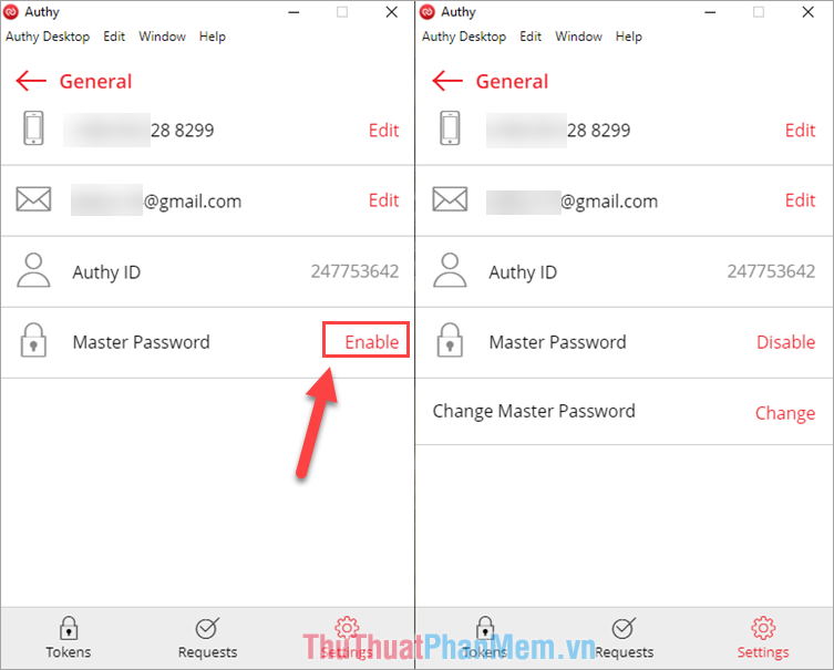 Bạn có thể thiết lập Master Password để tạo mật khẩu khi mở ứng dụng Authy trên Windows