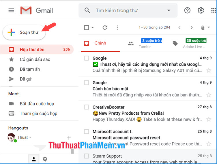 Bạn mở hòm thư Gmail và click vào Soạn thư