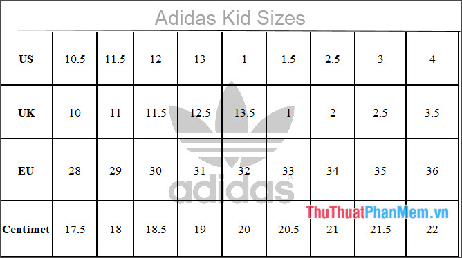 Bảng size giày Adidas cho trẻ em