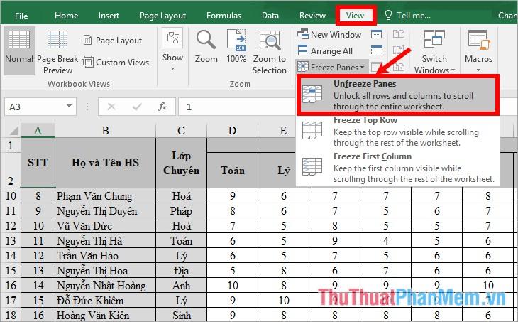 Bỏ cố định cột hay dòng tiêu đề trong Excel