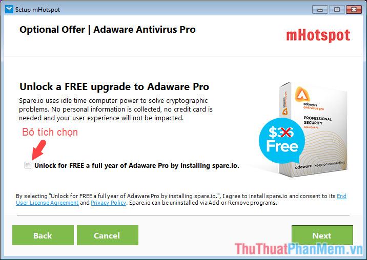 Bỏ tích chọn nếu không muốn cài đặt Adaware Antivirus Pro