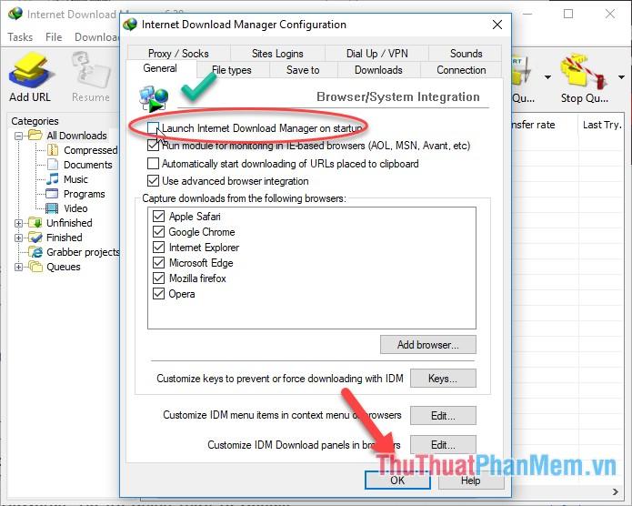 Bỏ tích chọn trong mục Lanch Internet Download Manager on startup