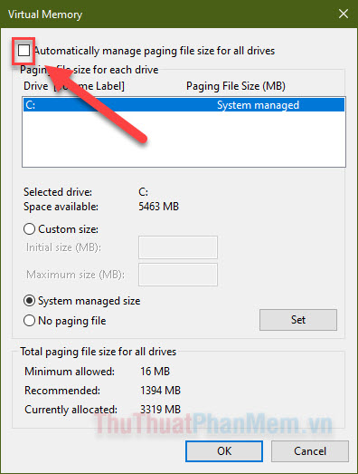 Bỏ Tích ở ô Automatically manage paging file size for all drives
