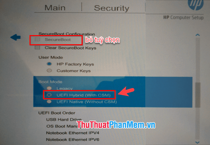 Bỏ tuỳ chọn SecureBoot và thiết lập UEFI Hybird (Winth CSM)