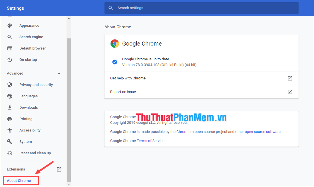 Chọn About Chrome
