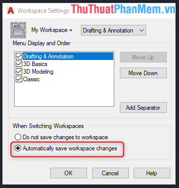 Chọn Automatically save workspace changes