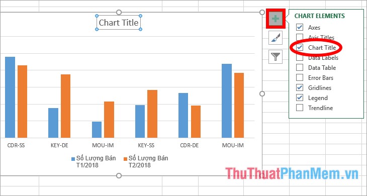 Chọn biểu tượng dấu + bên phải biểu đồ và đánh dấu tích vào Chart Title
