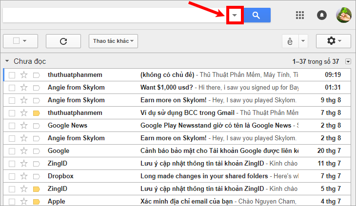 Chọn biểu tượng tam giác đen ở phía bên phải ô tìm kiếm trong gmail