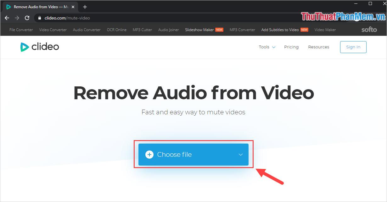 Chọn Choose File để tải file Video cần xoá âm thanh lên trên hệ thống