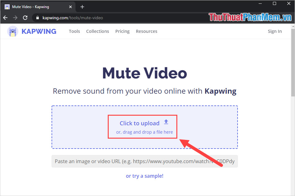 Chọn Click to Upload để tải file Video cần xoá âm thanh lên trên hệ thống
