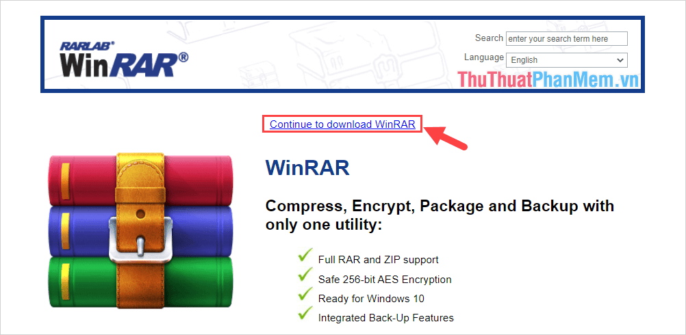 Chọn Continue to download WinRAR để tiến hành tải phần mềm