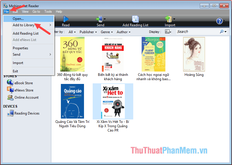 Chọn File - Open sau đó tìm đến ebook lưu trong máy tính