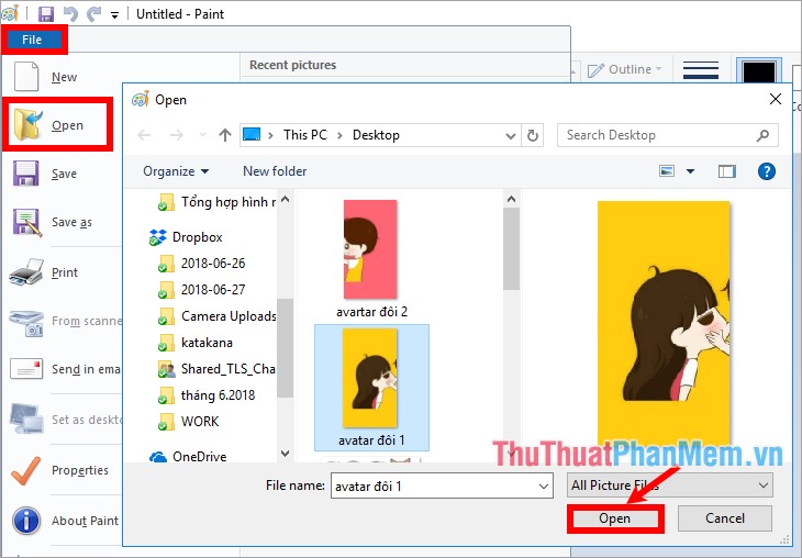 Chọn File - Open, tìm đến hình ảnh đầu tiên cần ghép