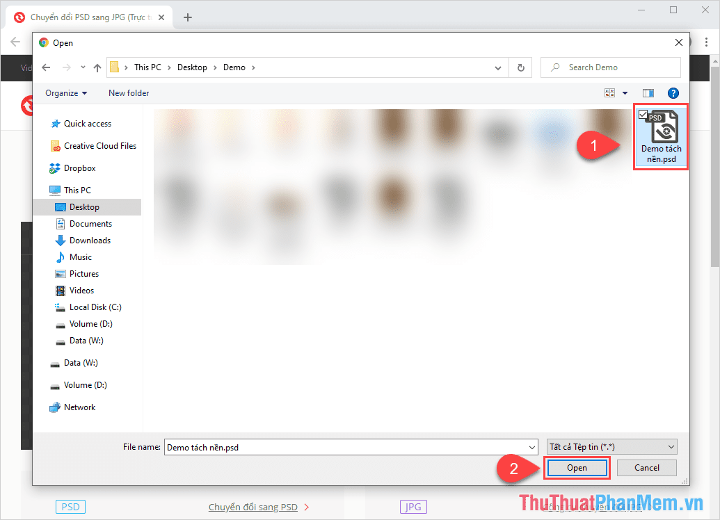 Chọn file PSD trên máy tính (tối đa 5 file 1 lượt) và nhấn Open để tải lên hệ thống