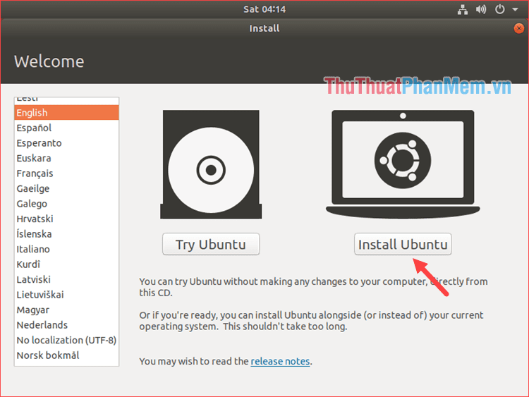 Chọn Install Ubuntu để cài đặt