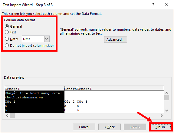 Chọn kiểu định dạng dữ liệu trong phần Text Import Wizard – Step 3 of 3
