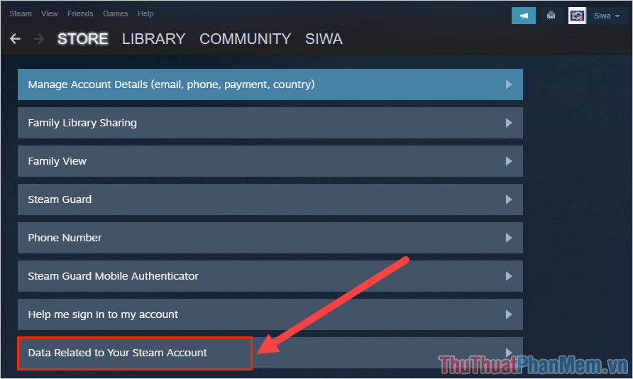 Chọn mục Data Related to Your Steam Account để biết được các thông tin cá nhân