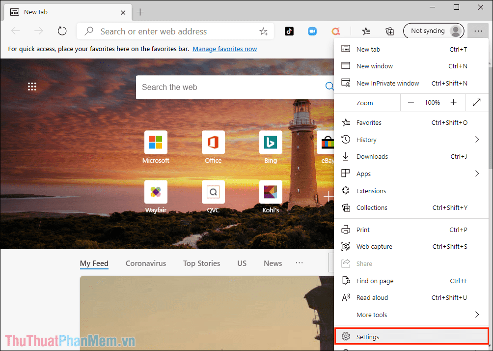Chọn mục More và tìm đến mục Settings để mở các thiết lập trên Microsoft Edge