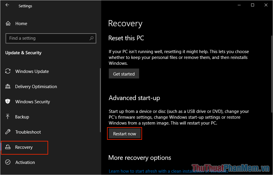 Chọn mục Recovery và nhấn vào mục Restart Now để khởi động lại Windows 10 trong chế độ sửa lỗi