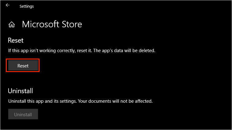 Chọn mục Reset để khởi động lại Microsoft Store về mặc định