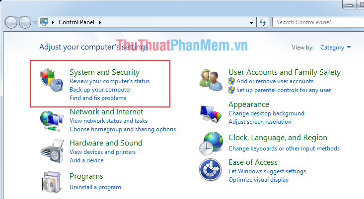 Chọn mục System and Securit