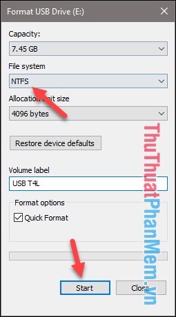 Chọn NTFS ở mục File System và nhấn OK