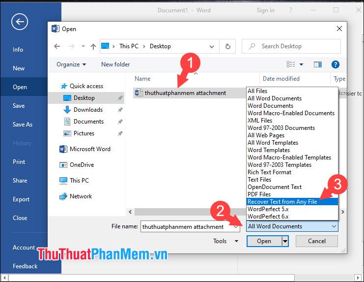 Chọn Recover Text from Any File
