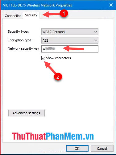 Chọn tab Security sau đó tích chọn ô Show characters