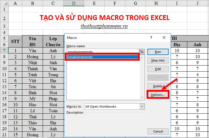 Chọn tên macro cần thiết lập phím tắt và chọn Options
