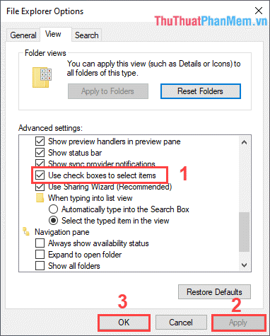Chọn thẻ View và tìm đến mục Use check box to select items để bật tắt tính năng này