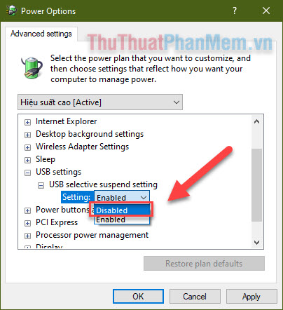 Chọn USB selective suspend settings Disabled