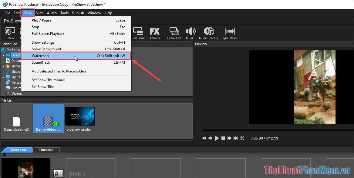 Chọn Watermark (Ctrl + Shift + Alt + W) để tiến hành thêm file Logo vào trong Video