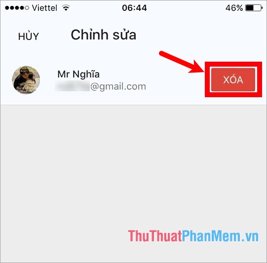 Chọn Xóa để đăng xuất tài khoản Gmail