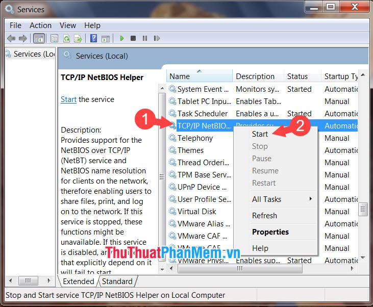 Click chuột phải vào dịch vụ TCP IP NetBIOS Helper Service và nhấn Start