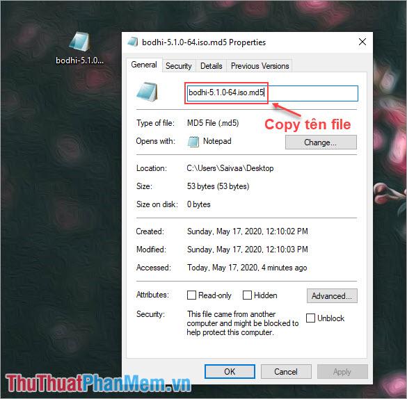 Click chuột phải vào file Checksum và chọn Properties để xem tên đầy đủ của file