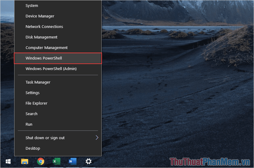 Click chuột phải vào MenuStart và chọn Windows PowerShell (admin) để mở