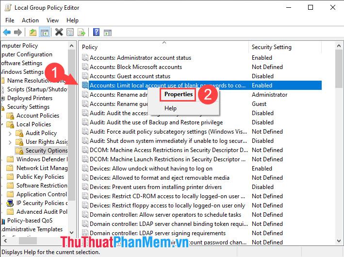 Click chuột phải vào mục Account  Limit local account use of blank password to console