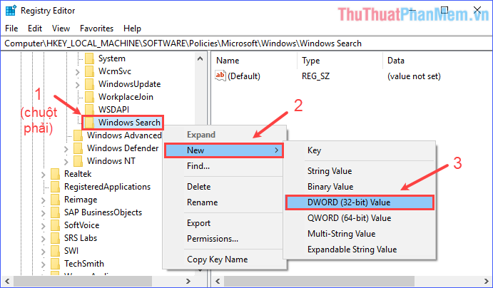 Click chuột phải vào thư mục Windows Search, chọn New - DWORD (32-bit) Value