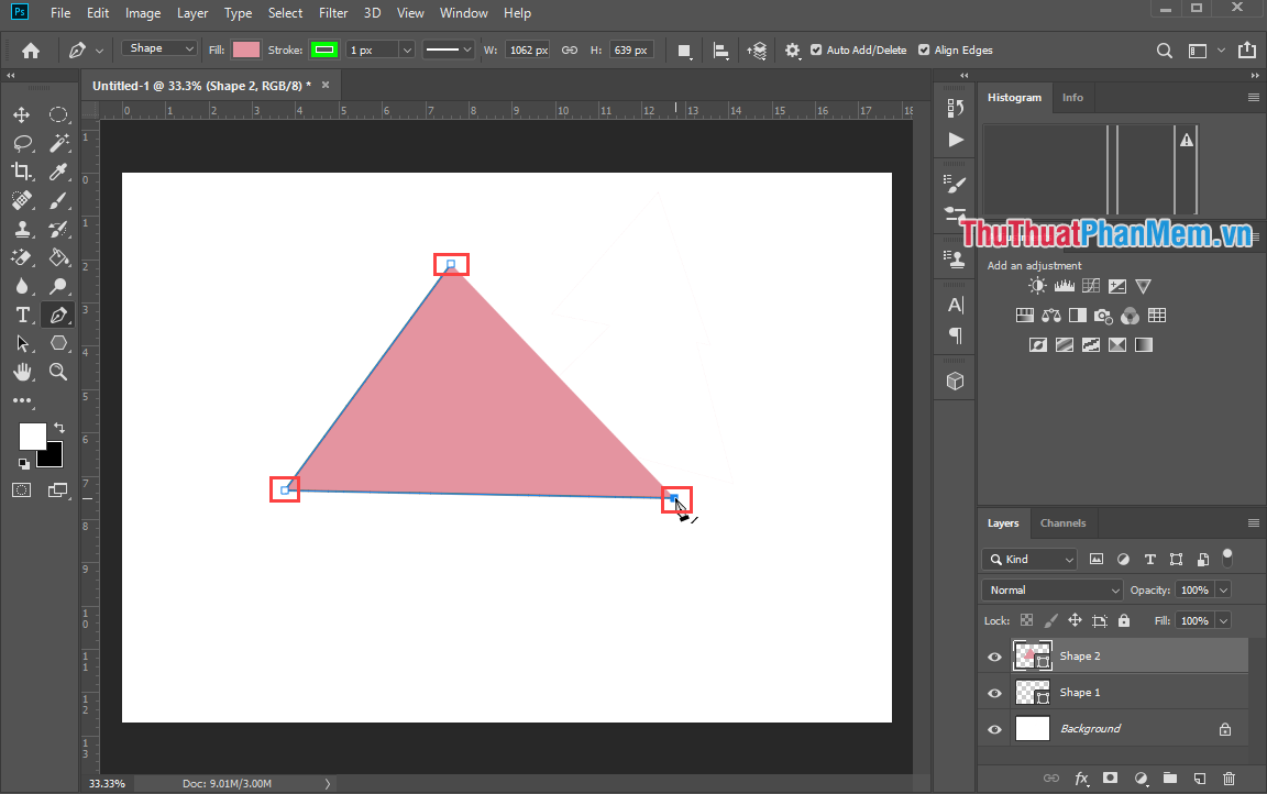 Click vào điểm đầu tiên chúng ta chấm để hoàn thiện hình tam giác