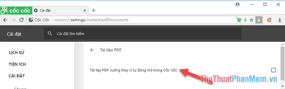 Click vào dòng “Tải tệp PDF xuống thay vì tự động mở trong Cốc Cốc”