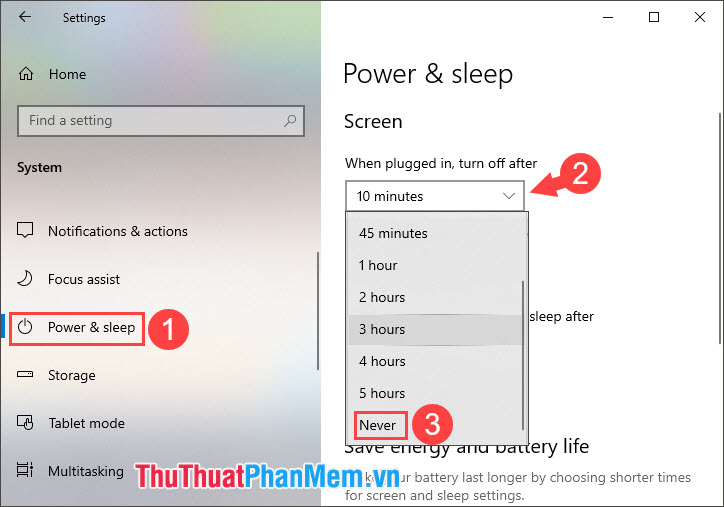 Click vào phần tùy chọn của When plugged in, urn off after sang Never