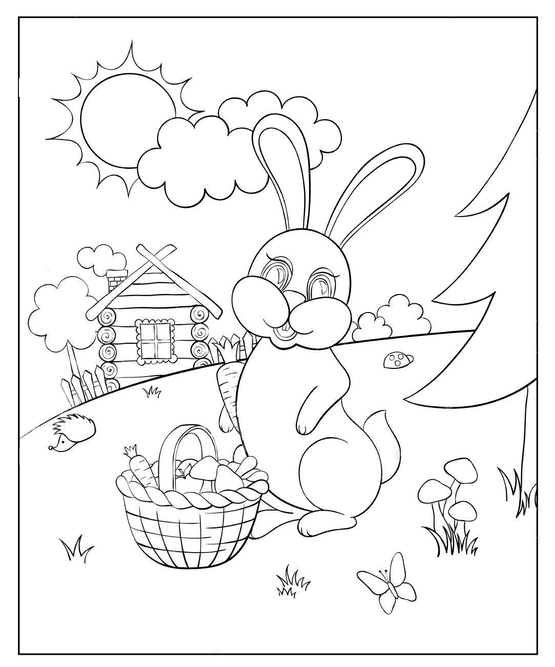 Coloring for kids with rabbit and carrots
