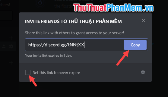 Copy đường link gửi đến bạn bè để họ tham gia vào server