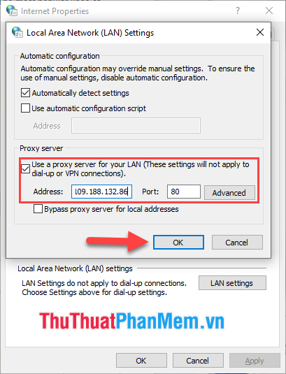 Đánh dấu Use a proxy server for your LAN