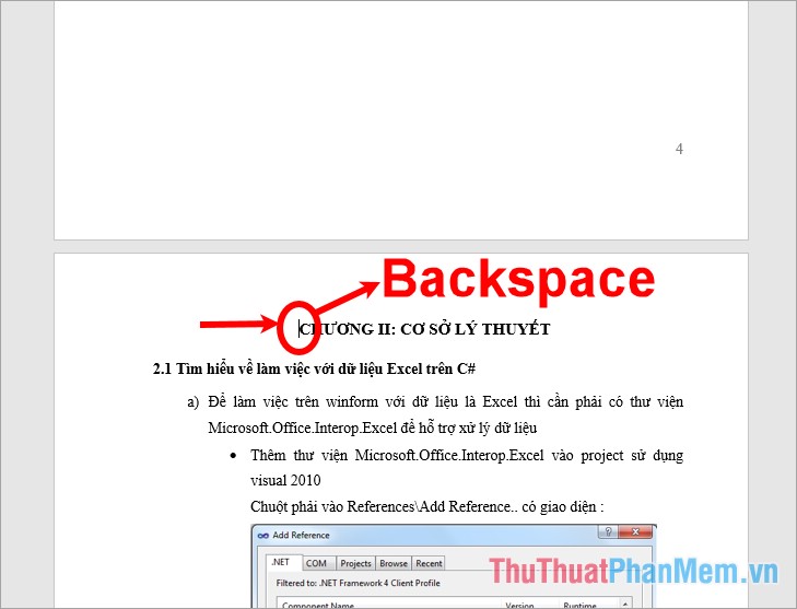 Đặt con trỏ chuột tại vị trí đầu tiên của trang sau trang cần xóa và nhấn phím Backspace