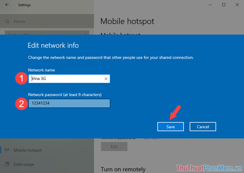 Đặt tên cho Wifi ở mục Network name và mật khẩu ở phần Network password