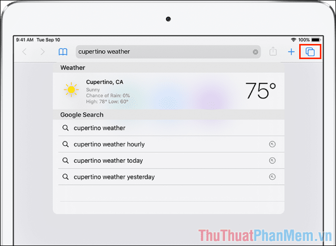 Đối với iPad, biểu tượng Tabs sẽ nằm ở bên cạnh thanh URL của trình duyệt