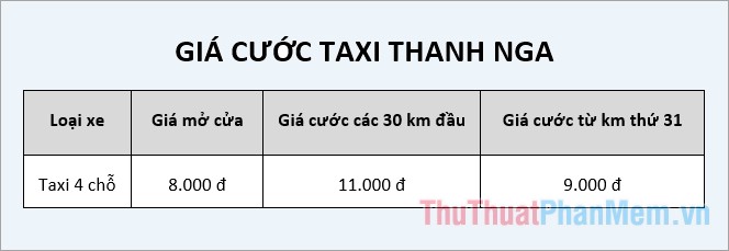 Giá cước taxi Thanh Nga